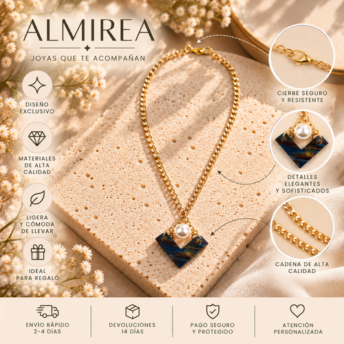 Collar dorado ALMIREA con colgante geométrico multicolor y detalle de perla, diseño elegante y sofisticado para mujer.