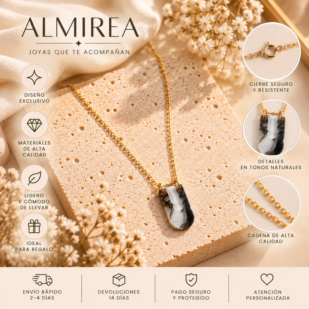 Collar dorado ALMIREA con colgante marmolado en tonos blanco y negro, diseño minimalista, ligero y elegante para mujer
