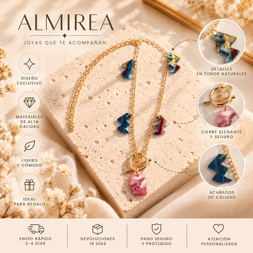Collar dorado ALMIREA con colgantes geométricos multicolor en tonos azul, verde y rosa, diseño original y elegante para mujer.