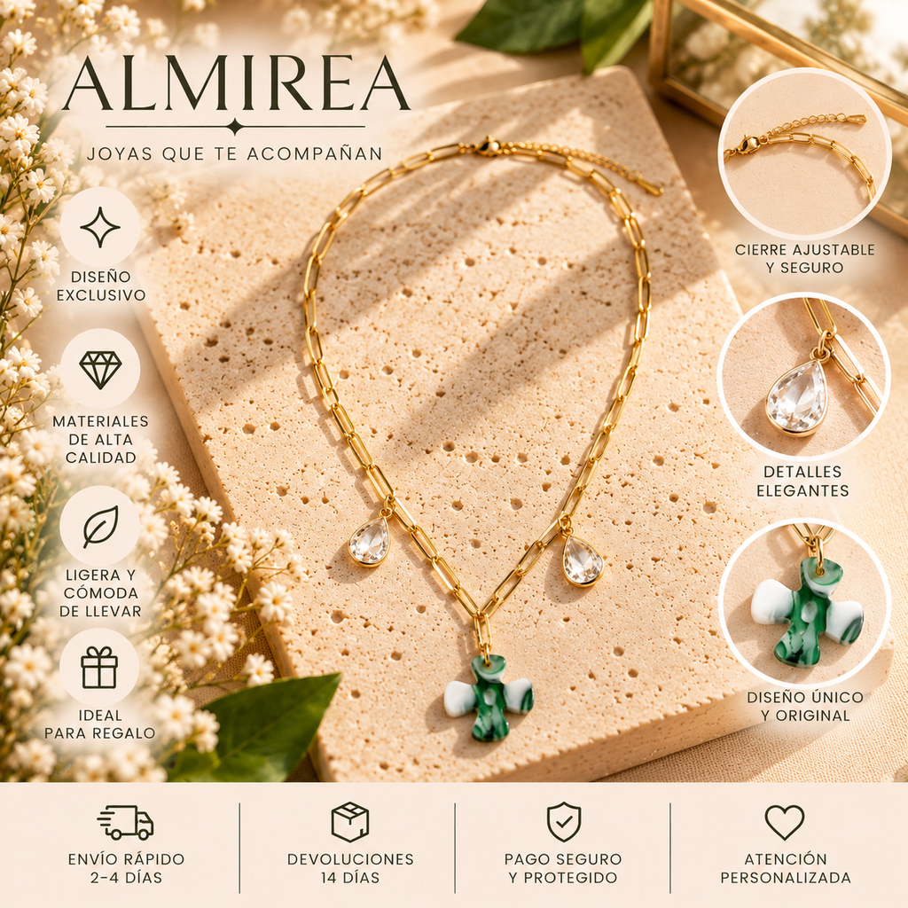 Collar dorado ALMIREA con cadena de eslabones, cristales transparentes y colgante verde marmolado, diseño elegante y original para mujer