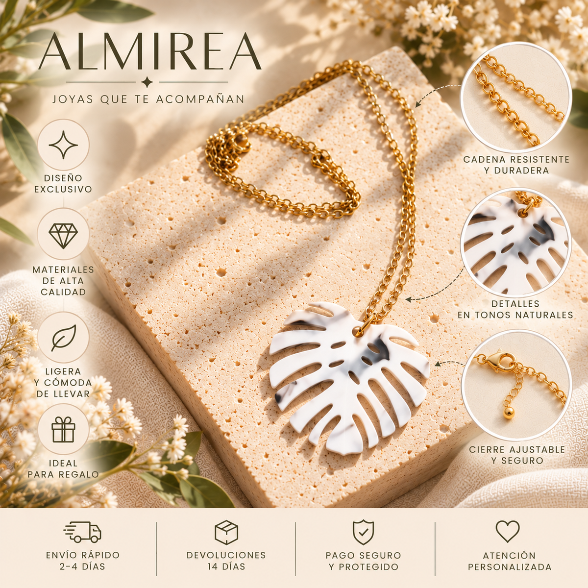 Collar dorado ALMIREA con colgante grande en forma de hoja monstera blanca con detalles marmolados, diseño elegante y original para mujer