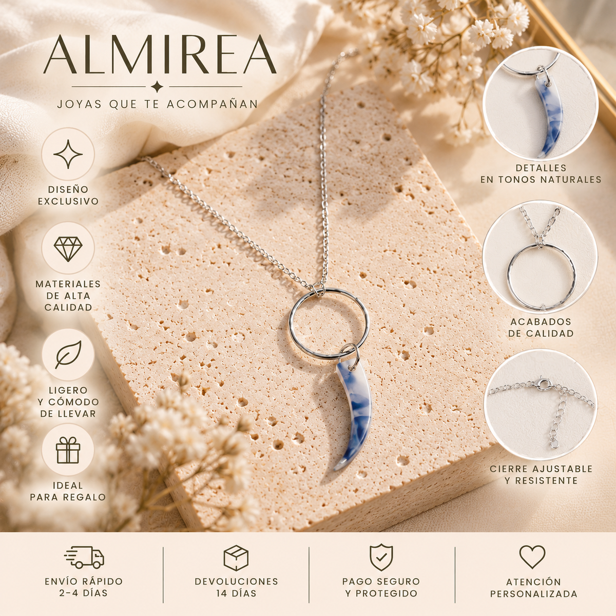 Collar plateado ALMIREA con aro y colgante en forma de cuerno azul marmolado, diseño ligero, original y elegante para mujer