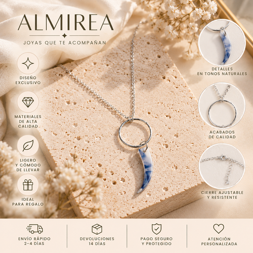 Collar plateado ALMIREA con aro y colgante en forma de cuerno azul marmolado, diseño ligero, original y elegante para mujer