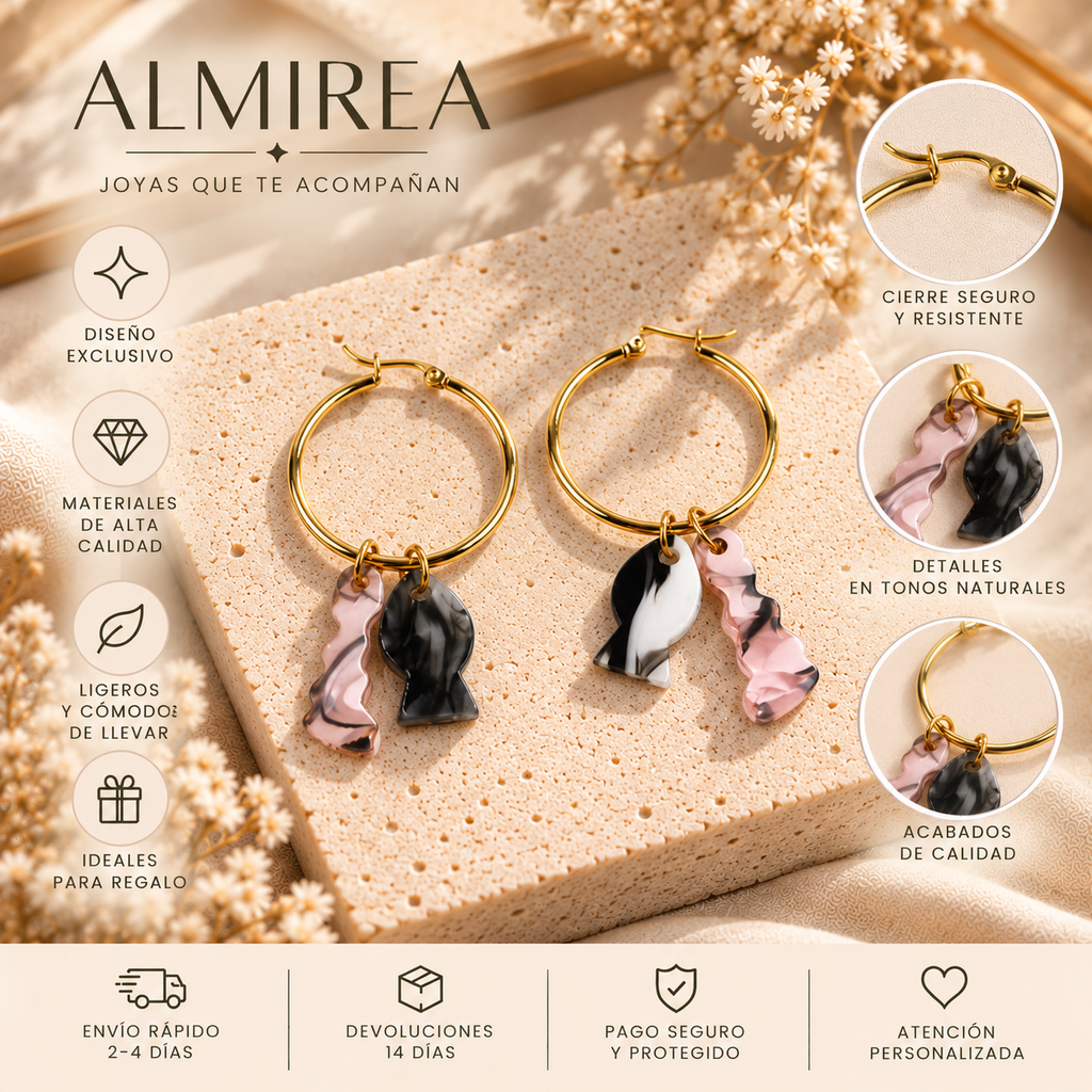 Pendientes de aro dorados ALMIREA con colgantes marmolados en tonos rosa, negro y blanco, diseño original y elegante para mujer