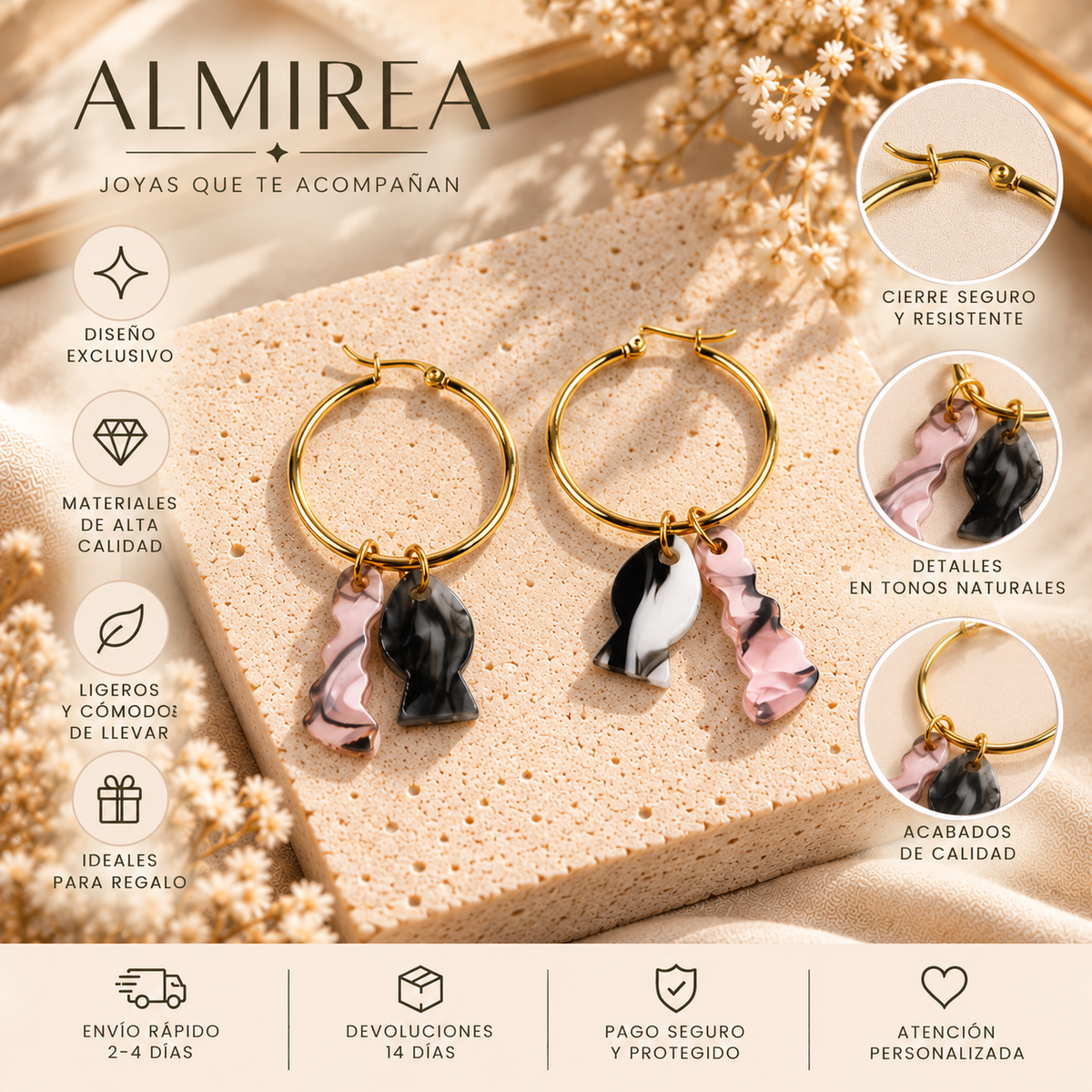 Pendientes de aro dorados ALMIREA con colgantes marmolados en tonos rosa, negro y blanco, diseño original y elegante para mujer
