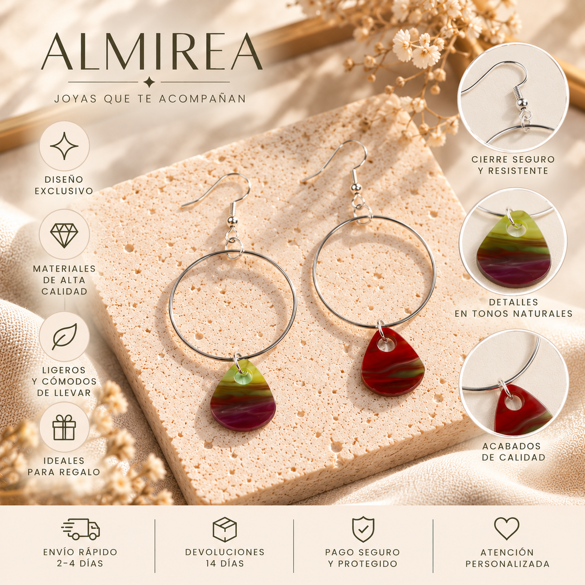 Pendientes de aro plateados ALMIREA con colgantes en forma de gota multicolor en tonos rojo, verde y burdeos, diseño ligero y original para mujer