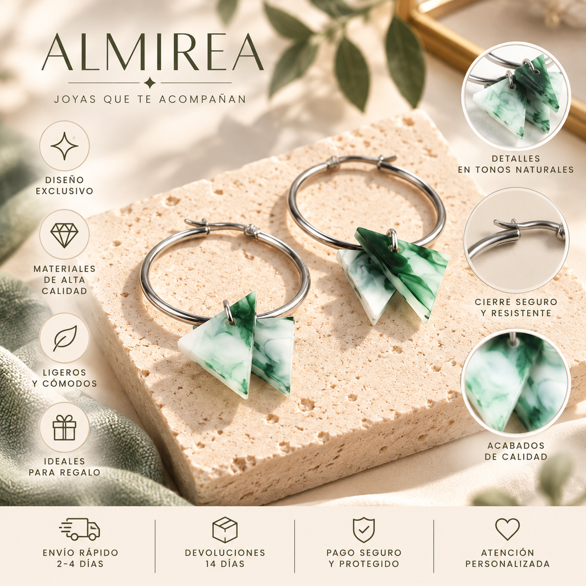 Pendientes de aro plateados ALMIREA con colgantes triangulares en tonos verdes y blancos, diseño ligero y elegante para mujer