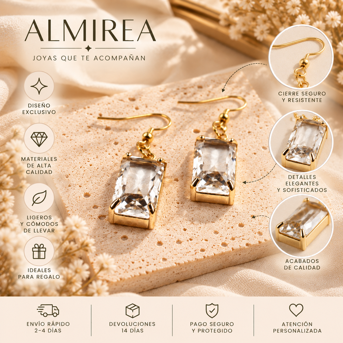 Pendientes dorados ALMIREA con cristal transparente rectangular facetado, diseño elegante y sofisticado para mujer