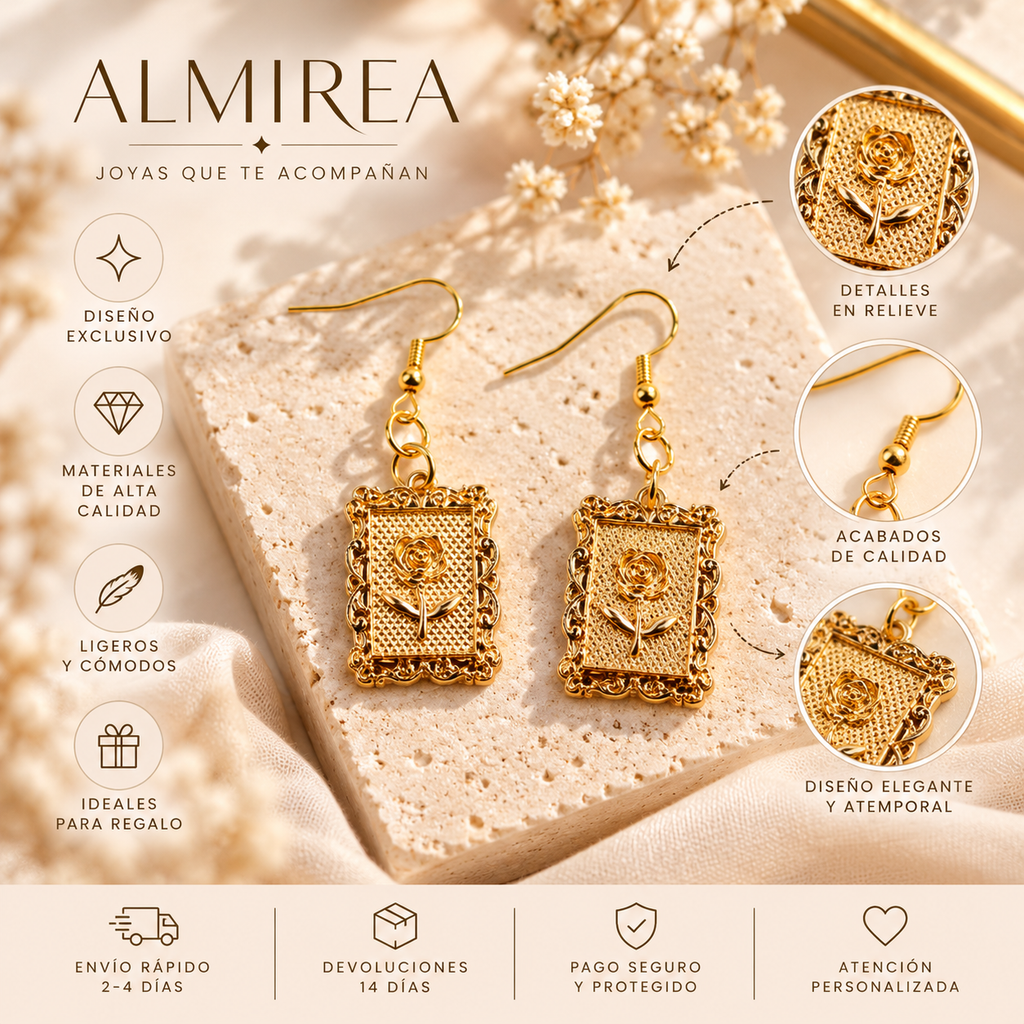 Pendientes dorados ALMIREA con diseño rectangular vintage y detalle de rosa en relieve, ligeros y elegantes para mujer