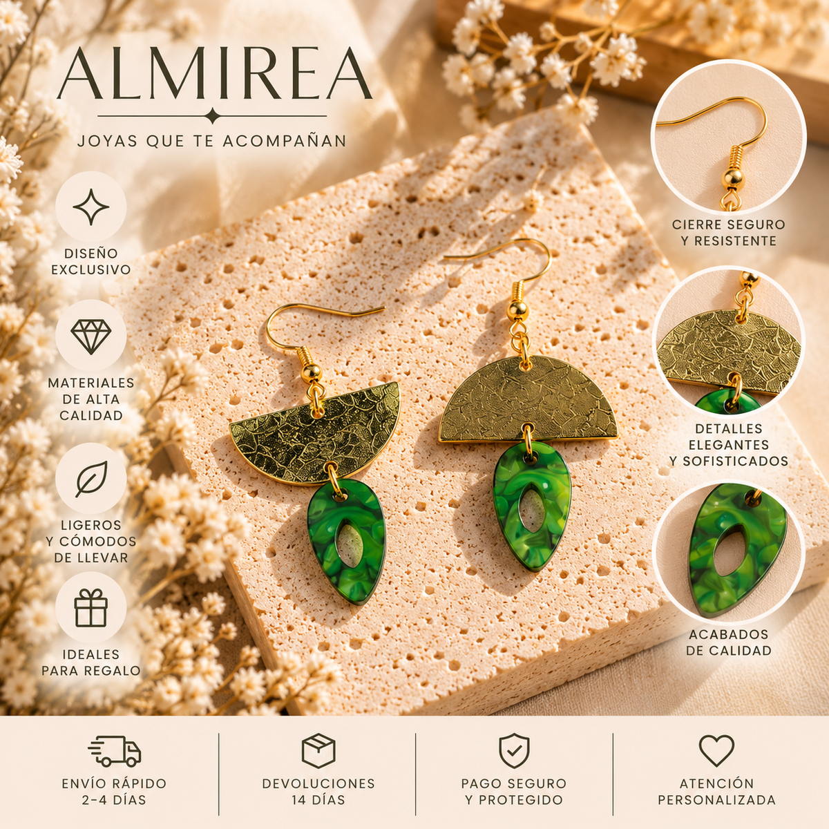 Pendientes dorados ALMIREA con pieza semicircular texturizada y colgante verde marmolado, diseño geométrico elegante y original para mujer.