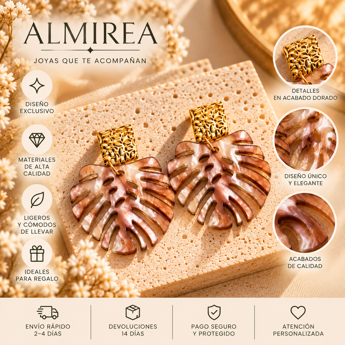 Pendientes ALMIREA con hoja monstera marmolada en tonos rosa y nácar y detalle superior dorado, diseño elegante y original para mujer