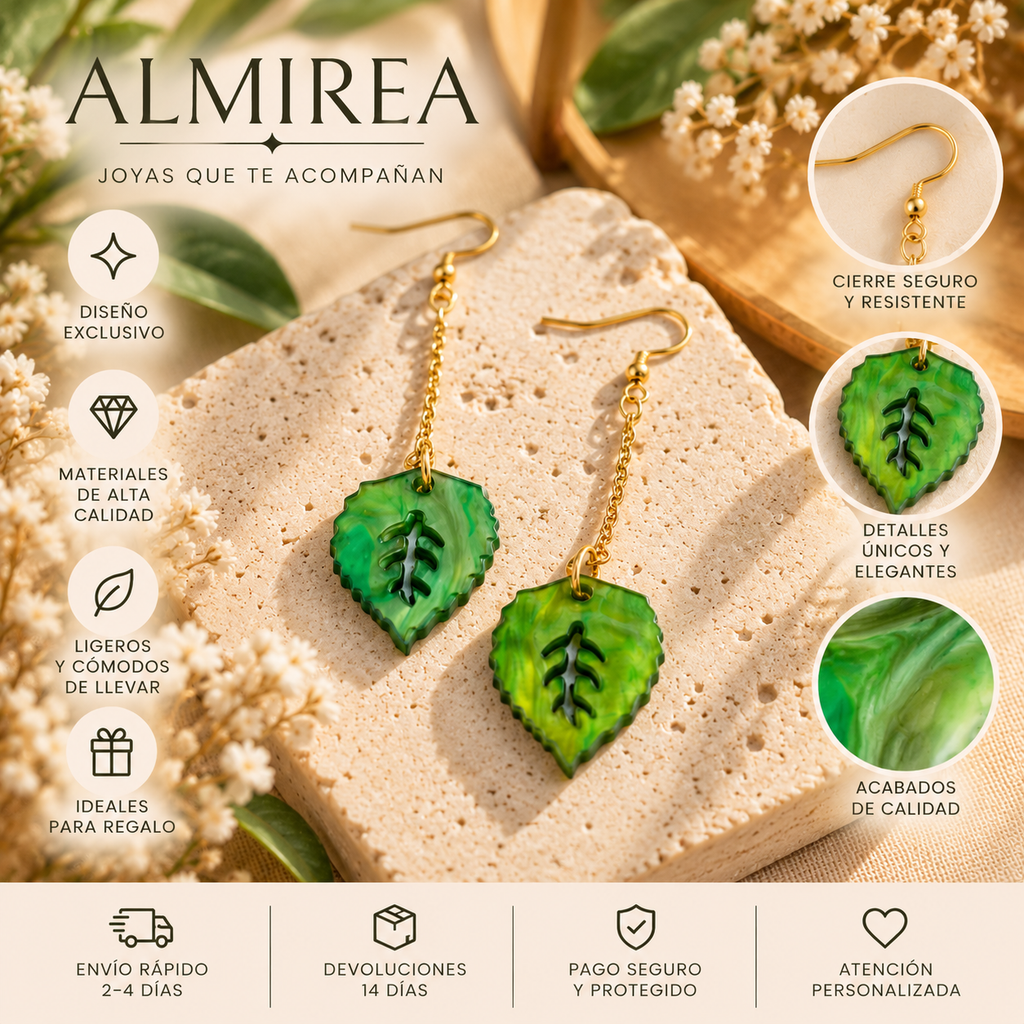 Pendientes ALMIREA con colgante en forma de hoja verde marmolada y cadena dorada, diseño ligero, natural y elegante para mujer